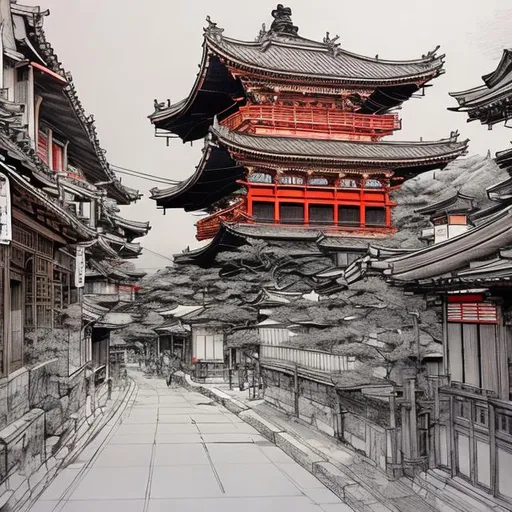 Prompt: Sketch of Kyoto, traditional and modern mix, historical architecture, futuristic elements, vibrant colors, detailed pen sketch, high quality, traditional meets modern, cultural fusion, dynamic composition, historical landmarks, modern technology integration, vivid colors, intricate details, professional sketch style, atmospheric lighting