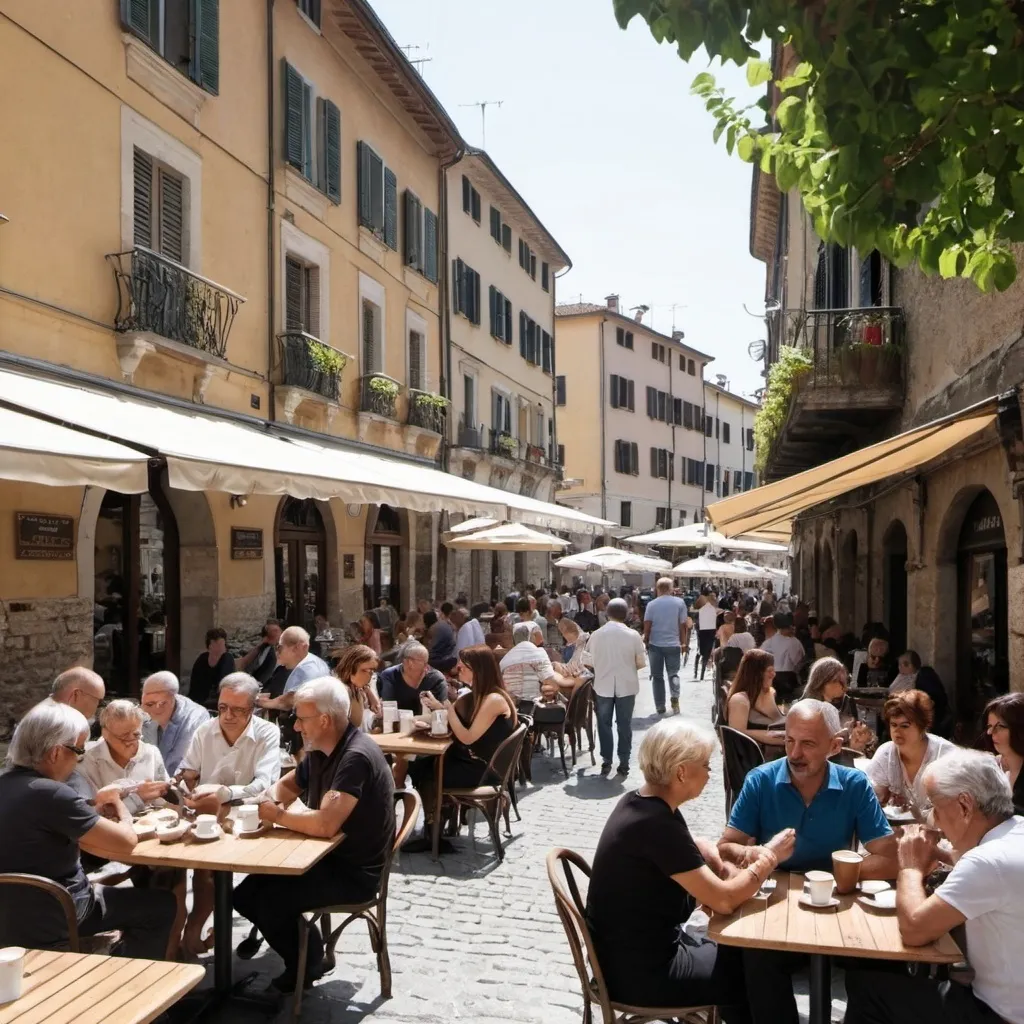 Prompt: busy, outdoor cafe in italy where everyone is drinking coffee and talking. coffee is very important. tables are filled with coffee. people are of different ages and have dark brown hair.