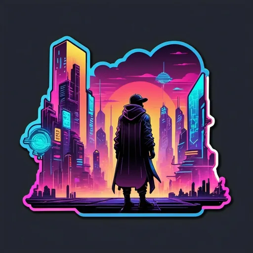 Prompt: vibrant, neon-lit futuristic city with floating buildings, glowing street signs in abstract symbols, and a mysterious figure standing on a rooftop in a billowing cloak.
Style: Cyberpunk with soft gradients and glowing highlights.