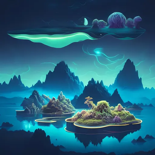 Prompt: surreal landscape featuring floating islands and bioluminescent plants