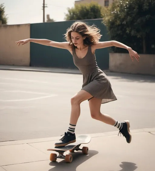 Prompt: a woman is doing a trick on a skateboard on the street in a tight dress and socks with her arms outstretched, Daphne Fedarb, arabesque, kai carpenter, a polaroid photo