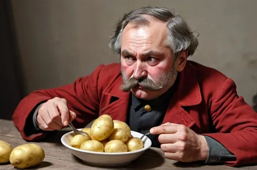 Prompt: A Bolshevik eating a potatoes that is weak and red