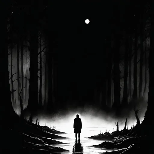 Prompt: Am i alone here? Horror illustration, black and white 