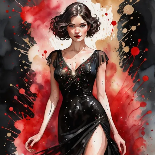 Prompt: digital watercolor painting, a woman wearing a black dress with sparkles, paint splatter, red, bold brush strokes, art nouveau