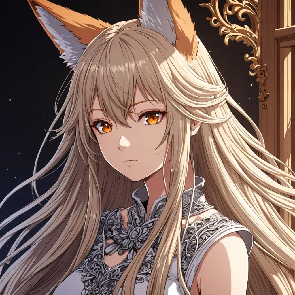 Prompt: anime, half body, girl, detailed, long hair, fox ears, very detailed