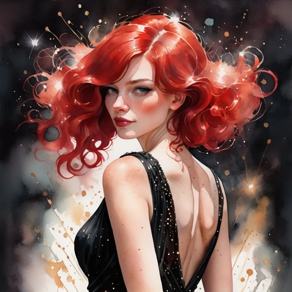 Prompt: digital watercolor painting, a woman wearing a black dress with sparkles, red hair, bold brush strokes, art nouveau, elegant 