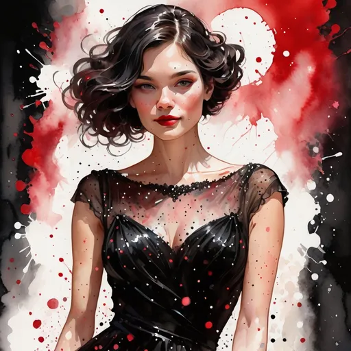 Prompt: digital watercolor painting, a woman wearing a black dress with sparkles, paint splatter, black and red, bold brush strokes, art nouveau