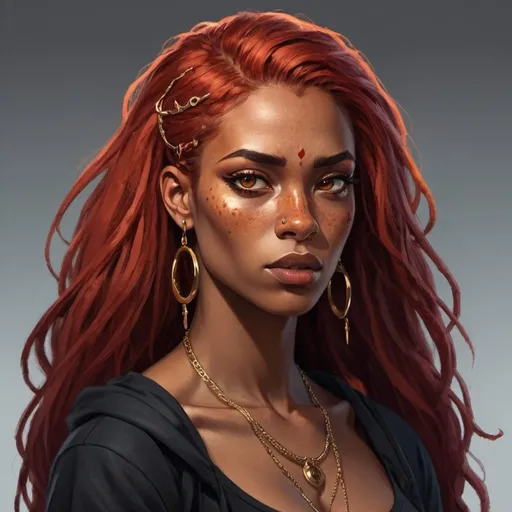 Prompt: Character design sheet black strong woman  with long red hair golden eyes, freckles and piercings 