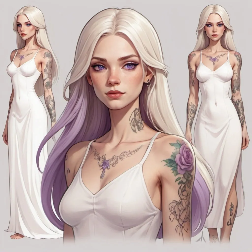 Prompt: Character design sheet white woman  with long blond straight hair lilac eyes, white dress,tattoos