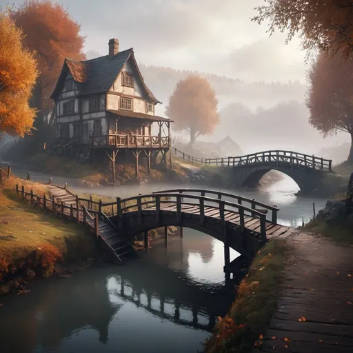 Prompt: small settlement, foggy, bridge and river, dramatic fantasy settlement scene, cinematic lighting, autumn