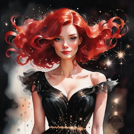 Prompt: digital watercolor painting, a woman wearing a black dress with sparkles, red hair, bold brush strokes, art nouveau, elegant 