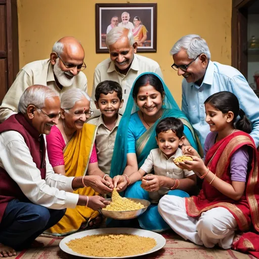 Prompt: Create a heartwarming photo of a multi-generational family from Uttar Pradesh, India. Picture children, parents, and grandparents gathered together, sharing a joyful moment over a variety of traditional Namkeen snacks. 