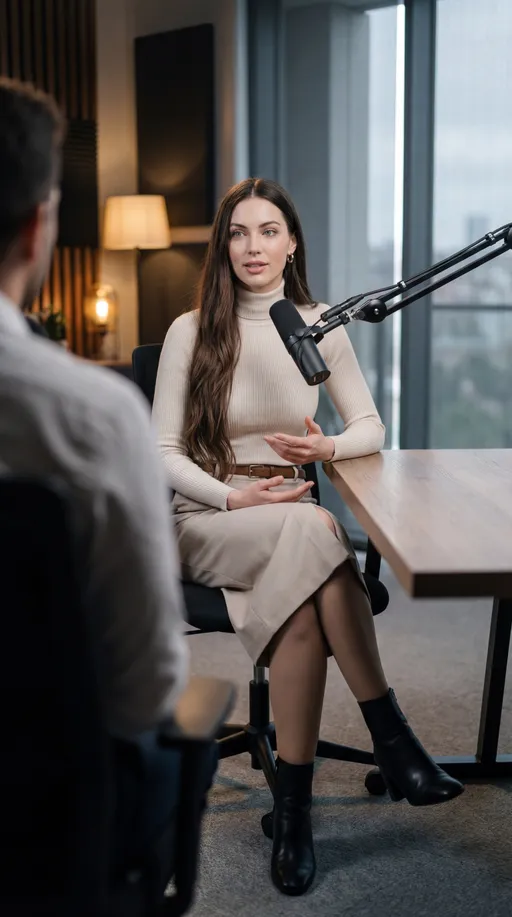 Prompt: TURKEY (ISTANBUL) — Podcast Studio (FULL BODY SEATED / 3/4 + OVER-SHOULDER)
PROMPT:
REFERENCE LOCK: character should be the exact same as reference image. Full-body seated in a premium Istanbul podcast studio: modern table, matte-black microphone on boom arm, acoustic panels, warm practical lamps in background bokeh, no readable text. She’s mid-conversation, subtle hand gesture, calm confident expression, legs crossed naturally, tall hourglass figure visible but classy. Outfit (podcast old-money, no blazer/coat): fitted ribbed turtleneck (cream/black) + high-waist pencil midi skirt (stone/black) with slim belt to define waist; sheer tights; sleek ankle boots; minimal gold hoops. Lighting: soft studio daylight + gentle rim, neutral-cool grade, subtle film grain. Camera: 35mm 3/4 angle with over-the-shoulder guest perspective (guest only as blurred shoulder silhouette, no extra face), face tack-sharp, mouth area clear for lip-sync reference.