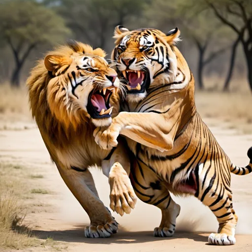 Prompt: lion and tiger attacking position


