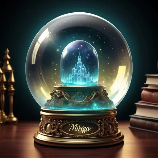 Prompt: Snow globe illustration with magical, glassy texture, shimmering, whimsical crystal-clear glass, high quality, detailed, magical, dreamy, fantasy, sparkling, enchanting lighting, put words odd mirage inside