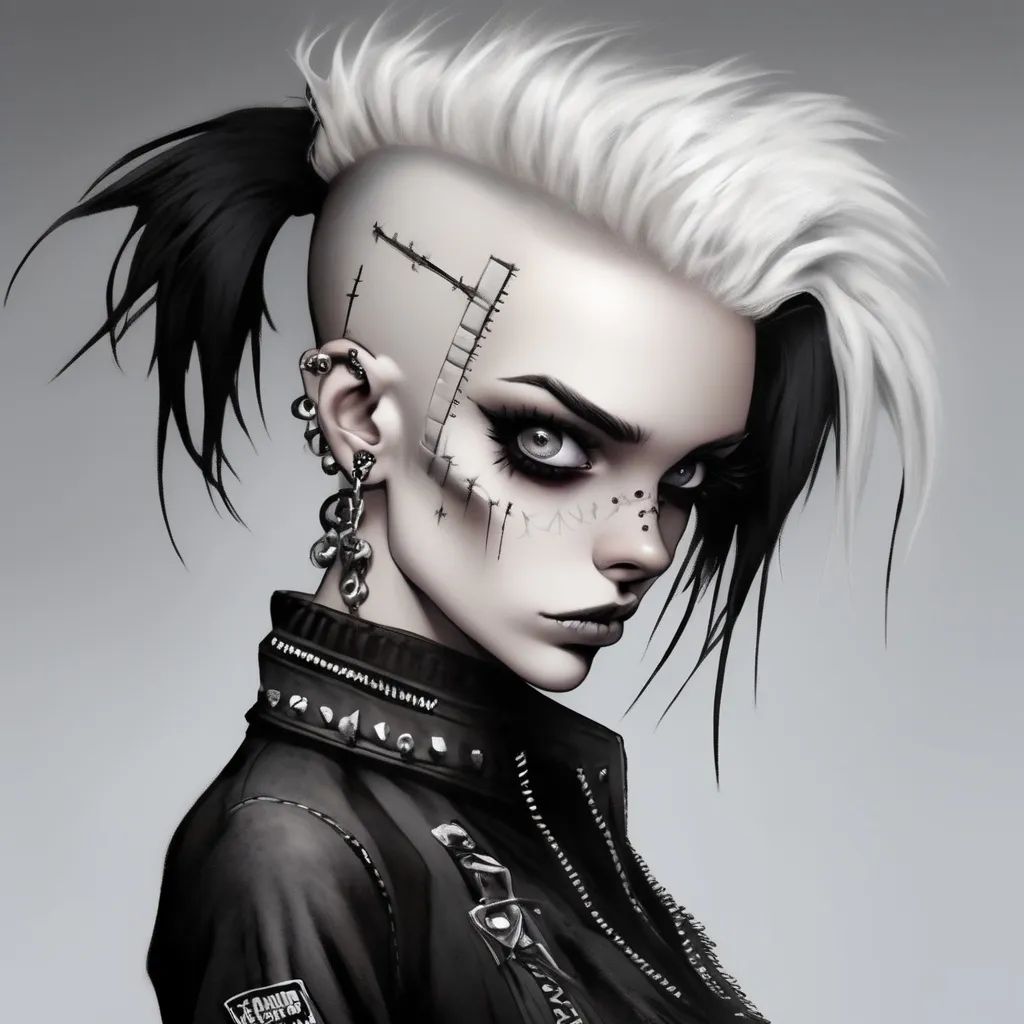 Prompt: Young female, bone white skin, white hair that is shaved on the sides and back but the top falls over the right side. She has piercings, dressed in punk rock style clothes and her eyes are entirely black, no iris no white