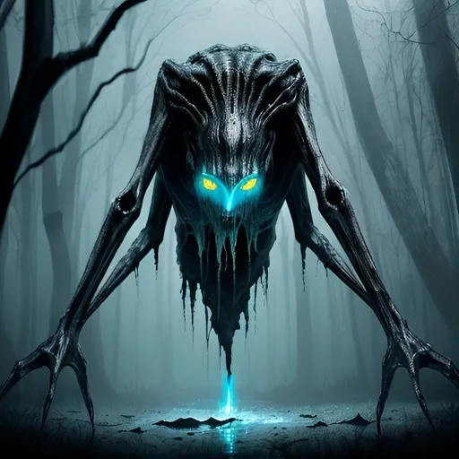 Prompt: Large amorphous anomaly with female shape, glowing blue eyes, razor-sharp silvered claws, black, eerie, high quality, horror, surreal, glowing eyes, long arms, ominous, unsettling, surreal lighting, swamp setting