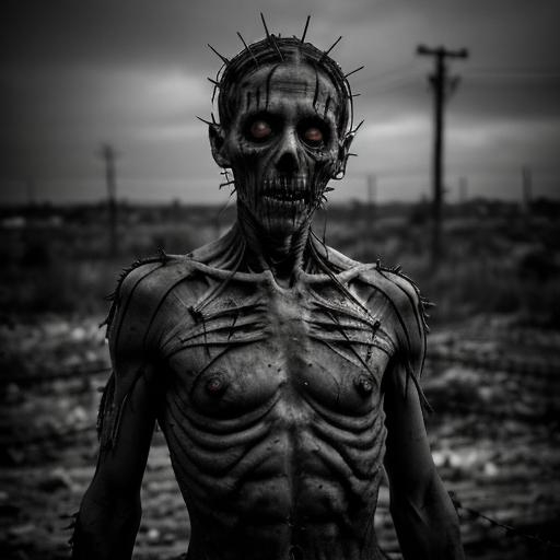 Prompt: Male desiccated torso of a corpse, pitch black hollow eyes, head thrown back, desolate background, barbed wire wrapping, desaturated colors, high contrast, gritty texture, misc-dystopian, horror, desolate, grey skin, intense lighting, tenebrism, highres, ultra-detailed, macabre, eerie atmosphere