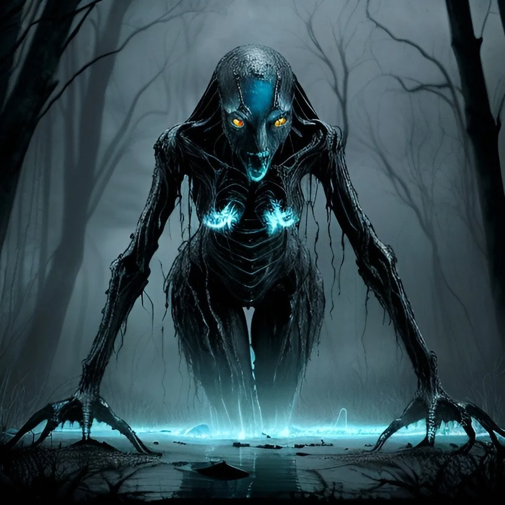 Prompt: Large amorphous anomaly with female shape, glowing blue eyes, razor-sharp silvered claws, black, eerie, high quality, horror, surreal, glowing eyes, long arms, ominous, unsettling, surreal lighting, swamp setting