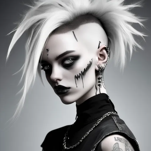 Prompt: Young female, bone white skin, white hair that is shaved on the sides and back but the top falls over the right side. She has piercings, dressed in punk rock style clothes and her eyes are entirely black, no iris no white