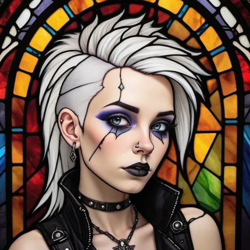 Prompt: Young female, bone white skin, white hair that is shaved on the sides and back but the top falls over the right side. She has piercings, dressed in punk rock style clothes and her eyes are entirely black, no iris no white