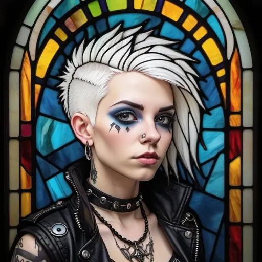 Prompt: Young female, bone white skin, white hair that is shaved on the sides and back but the top falls over the right side. She has piercings, dressed in punk rock style clothes, with completely black eyeballs.