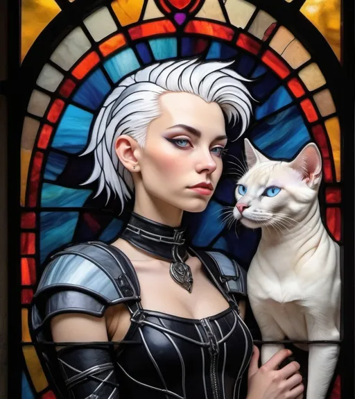 Prompt: Dream of the Endless embracing a young woman dressed in punk clothing, who has white hair shaved on both sides so it drapes to the right. Dream has a raven on his shoulder and the woman has a sleek albino seal point siamese cat with her