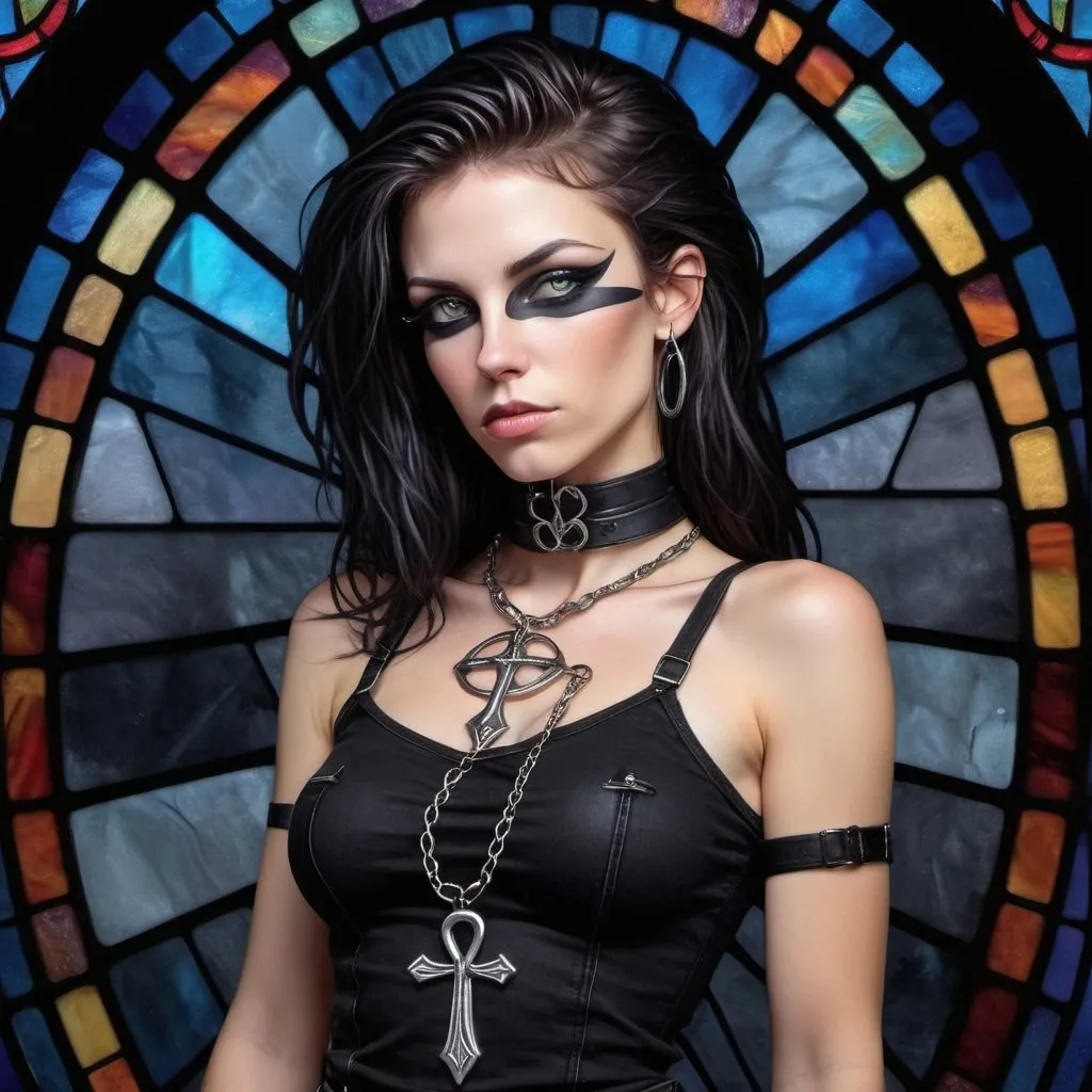 Prompt: Neil Gayman's Death of the Endless wearing her black camisole top, black jeans, combat boots, a couple of belts around her slender waist and a large silver ankh hanging from a sliver chain on her neck. She has dark eyeliner and on her right eye the liner extends down into an Eye of Ra, just touching her cheek. Her hair is jet black and is a wild mane that she wears well.