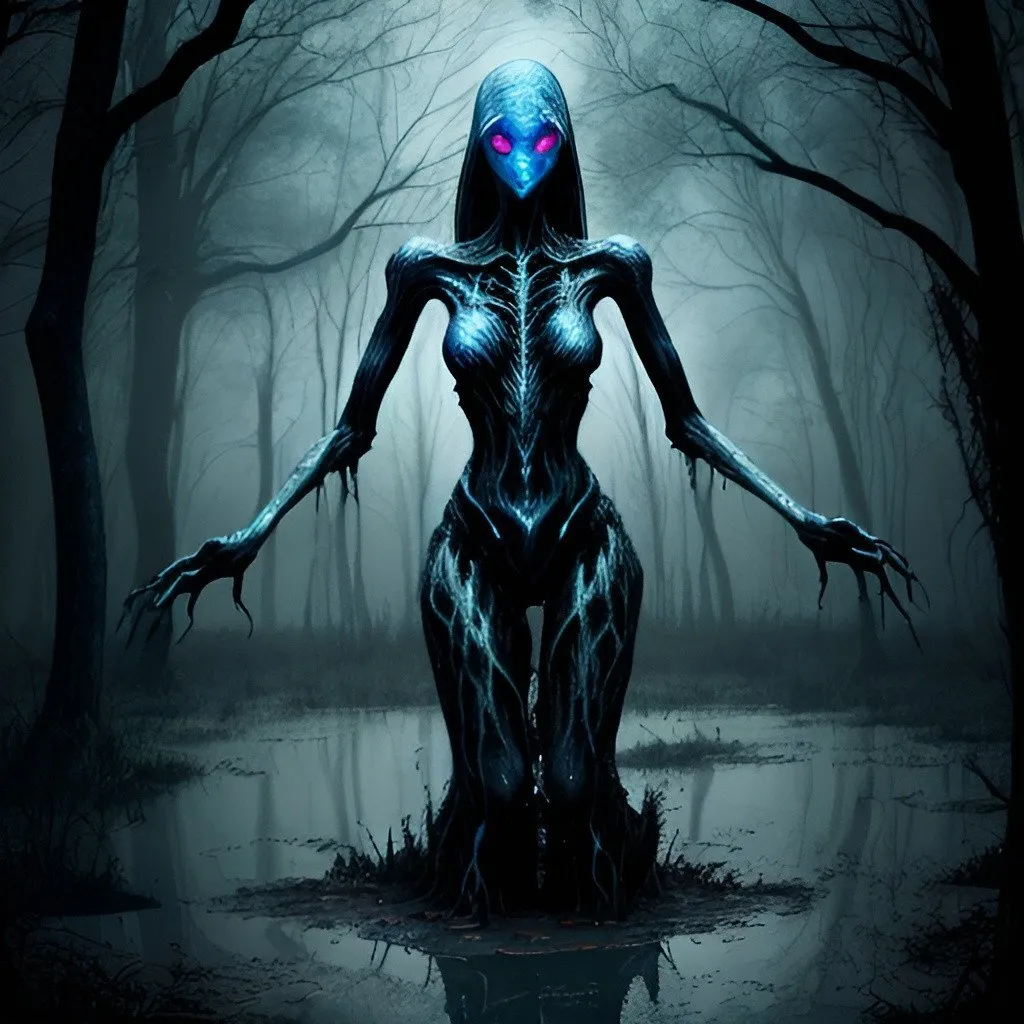 Prompt: Large amorphous anomaly with female shape, glowing blue eyes, razor-sharp silvered claws, black, eerie, high quality, horror, surreal, glowing eyes, long arms, ominous, unsettling, surreal lighting, swamp setting