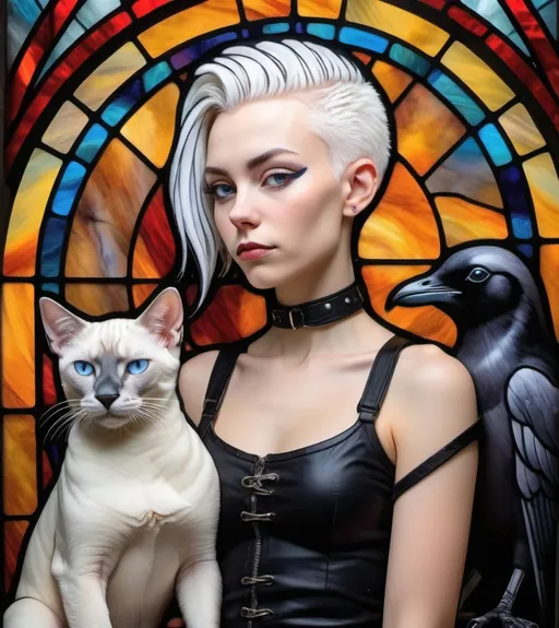 Prompt: Dream of the Endless embracing a young woman dressed in punk clothing, who has white hair shaved on both sides so it drapes to the right. Dream has a raven on his shoulder and the woman has a sleek albino seal point siamese cat with her