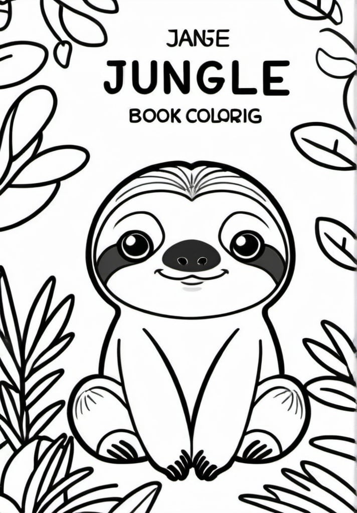 Prompt: Easy coloring book for kids jungle 3 to 8 years old baby Sloth. Write the name of the animal in the middle on the upper side