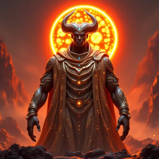 Prompt: A regal African giant with glowing bronze skin, wearing meteor horn crowns on his head and a flowing solar-etched robe, holding a radiant Staff of Echoes. He stands atop a glowing mineral throne on a red-rock planet under twin suns. Style: 3D Sci-Fi Concept Art with Afro-futurism elements