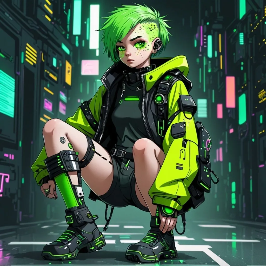 Prompt: tomboy with green freckles fully body cyberpunk 
cute