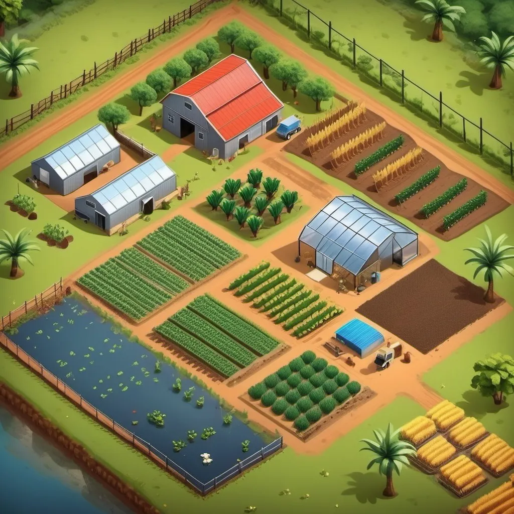 Prompt: Create a farm layout with a farmhouse, small warehouse , 4 greenhouse on one corner, two fish ponds on the other side and demarcate the rest on the farm showing different crops and also also an area for chickens. The access road to the farm must have palm trees on the sides. The farmhouse must be L shaped with a nice view of the farm. Put water tanks for irrigation