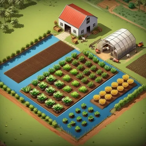 Prompt: Create a farm layout with a farmhouse, small warehouse , 4 greenhouse on one corner, two fish ponds on the other side and demarcate the rest on the farm showing different crops and also also an area for chickens. The access road to the farm must have palm trees on the sides. The farmhouse must be L shaped with a nice view of the farm. Put water tanks for irrigation