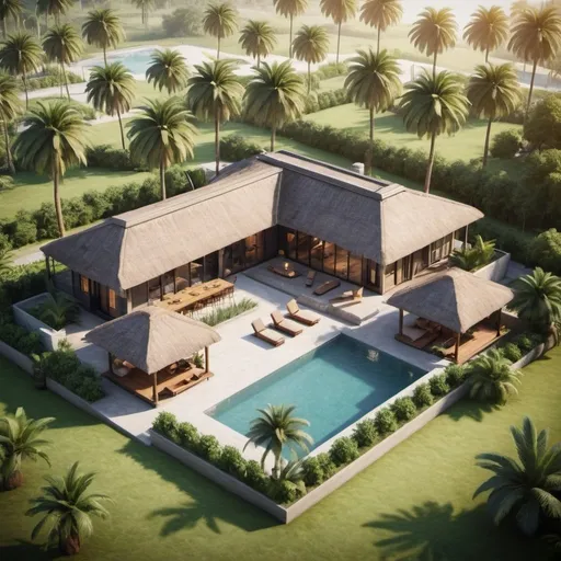 Prompt: generaterate an image of an L shaped small farm house, next to it create an open bar and lounge space and 4  standalone guest rooms facing the lounge space and a swimming pool in the middle. create a nice landscape  with palm trees. put the carpark  behind the open bar space