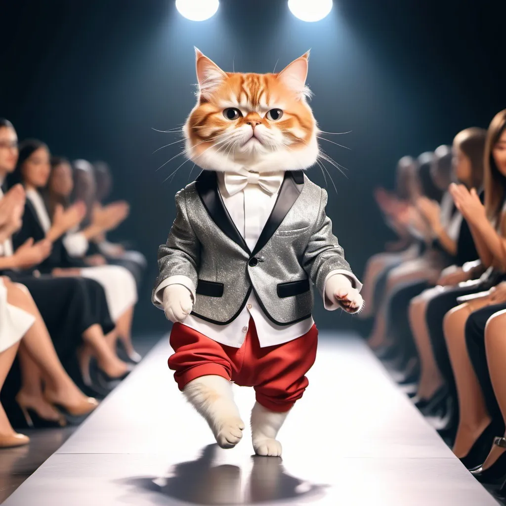 Prompt: @Airon IA - Crescer no TikTok: Prompt: Cat wearing stylish human clothes confidently struts down a brightly lit fashion runway. On either side of the runway, a seated audience is applauding. The atmosphere is glamorous.