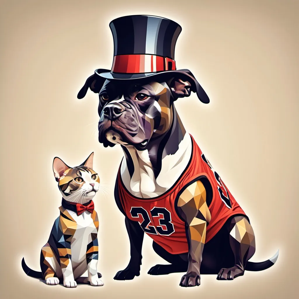 Prompt: dog, wearing a top hat with a body of a bodybulder. The dog is wearing a micheal jordan 23 Chiago bulls jersey. The dog is petting a cat wearing Kobe Bryant 24 Lakers Jersey

Cubism Art Style