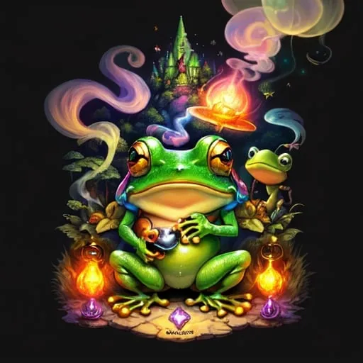 Prompt: Fantasy illustration of a whimsical frog, smoking a magical bomb, vibrant fantasy style, detailed frog with expressive eyes, enchanted forest setting, colorful and magical, high quality, fantasy, vibrant colors, detailed frog, whimsical, magical lighting