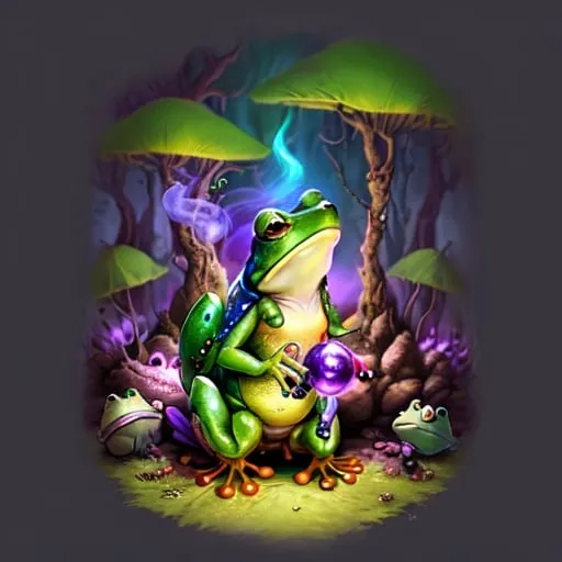 Prompt: Fantasy illustration of a whimsical frog, smoking a magical bomb, vibrant fantasy style, detailed frog with expressive eyes, enchanted forest setting, colorful and magical, high quality, fantasy, vibrant colors, detailed frog, whimsical, magical lighting