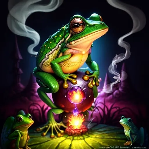 Prompt: Fantasy illustration of a whimsical frog, smoking a magical bomb, vibrant fantasy style, detailed frog with expressive eyes, enchanted forest setting, colorful and magical, high quality, fantasy, vibrant colors, detailed frog, whimsical, magical lighting