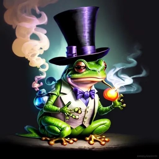 Prompt: Fantasy illustration of a frog wearing a top hat, smoking a magical bomb, whimsical and detailed, vibrant color palette with mystical lighting, high quality, fantasy, detailed frog, magical bomb, top hat, whimsical, vibrant colors, mystical lighting