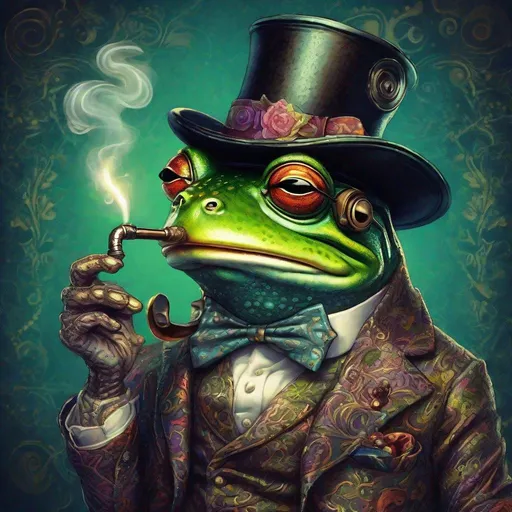 Prompt: Detailed illustration of a dapper frog with a stylish hat, smoking a vintage bomb pipe, whimsical fantasy style, vibrant and surreal colors, intricate details on the frog's features, fine texture on the hat, magical glow, high quality, fantasy, surreal, detailed frog, whimsical, vibrant colors, intricate details, magical lighting