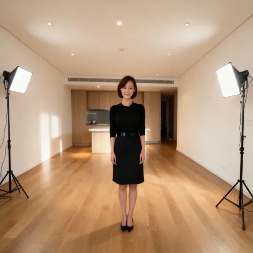 Prompt: place the lady into this living room for a real estate presentation, full body, lighting soft and even coherent, and straighten up the room as well, so she feels not distorted, and try have a studio light on her, so she feels like in the environment
