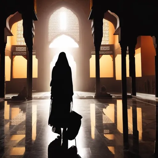 Prompt: A mystic silhoutte wearing pearl earrings and a backpack and walking in a religious building with orientalist design. The time is a little after sunset. The floor is wet 