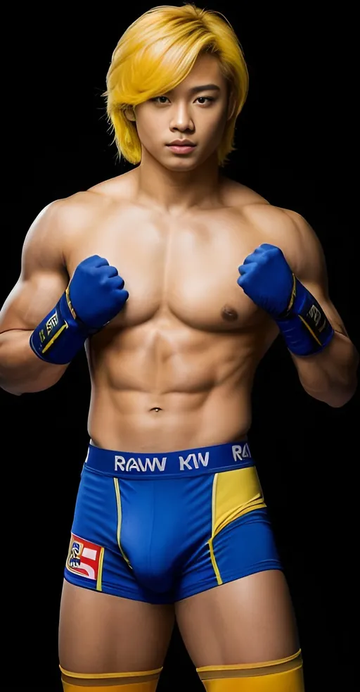 Prompt: Flyer photo concept of  attractive, muscled, handsome thai guy, park seo joon's face, yellow hair, straight hair, detailed eyes, full-body perspective, very detailed eyes, very detailed face, unreal engine,  realistic photo, cinematic light, 64k, royal blue underwear in wrestling pant, calvin klein waistband, blue sock, abdominal sagittal hair, midline abd hair, boner, blue fist
