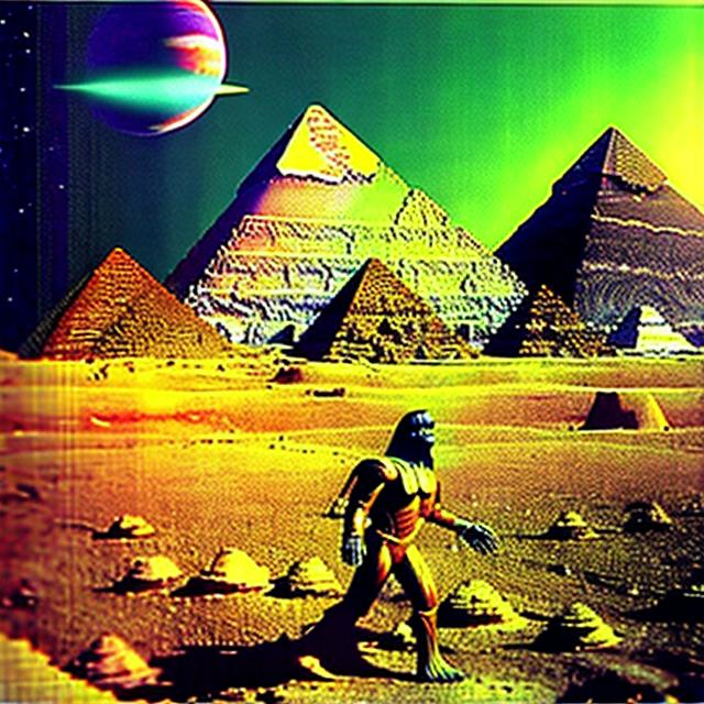 Prompt: Acid trip mushrooms on Saturn with Bigfoot walking and a ufo in the sky with the pyramids in the background and the sphinx in the background 