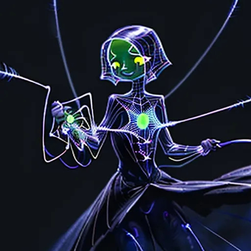 Prompt: A glowworm person with a thread of web as a whip with a wall of webs next to her like a matador