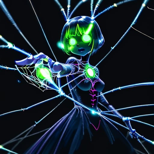 Prompt: A glowworm person with a thread of web as a whip with a wall of webs next to her like a matador