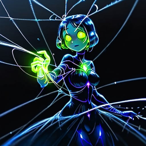 Prompt: A glowworm person with a thread of web as a whip with a wall of webs next to her like a matador